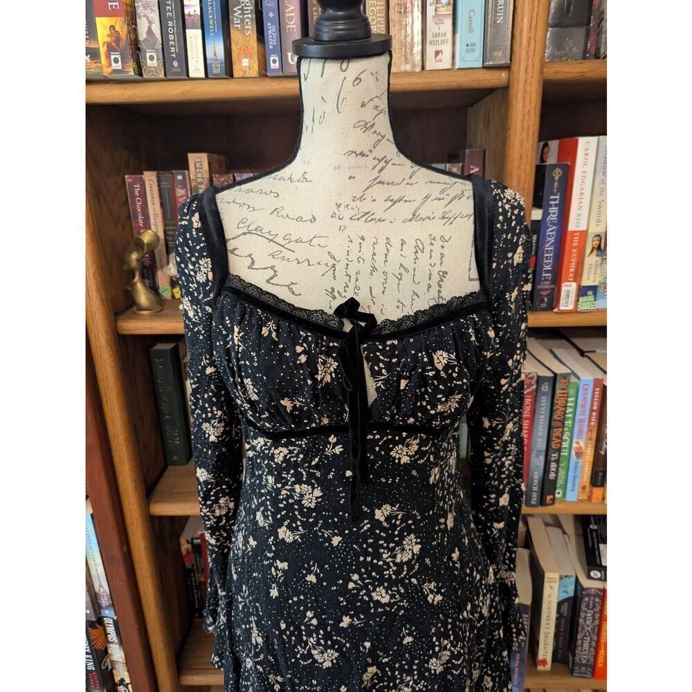 Free People Women's Size Small Black Floral Tess Square Neck Mini Dress - Picture 2 of 8